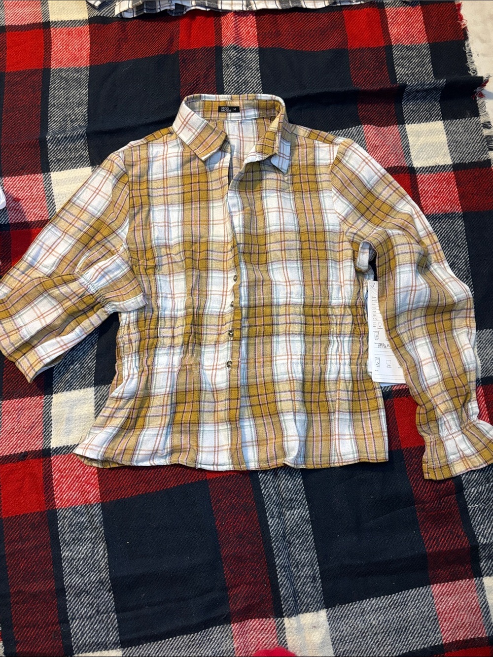 Casual Mustard Plaid Elastic Button-Down Shirt